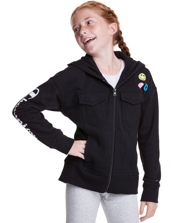 Champion Pige Hættetrøje Sort - Fleece Full Zip Smiley Face - Danmark NBY-914805